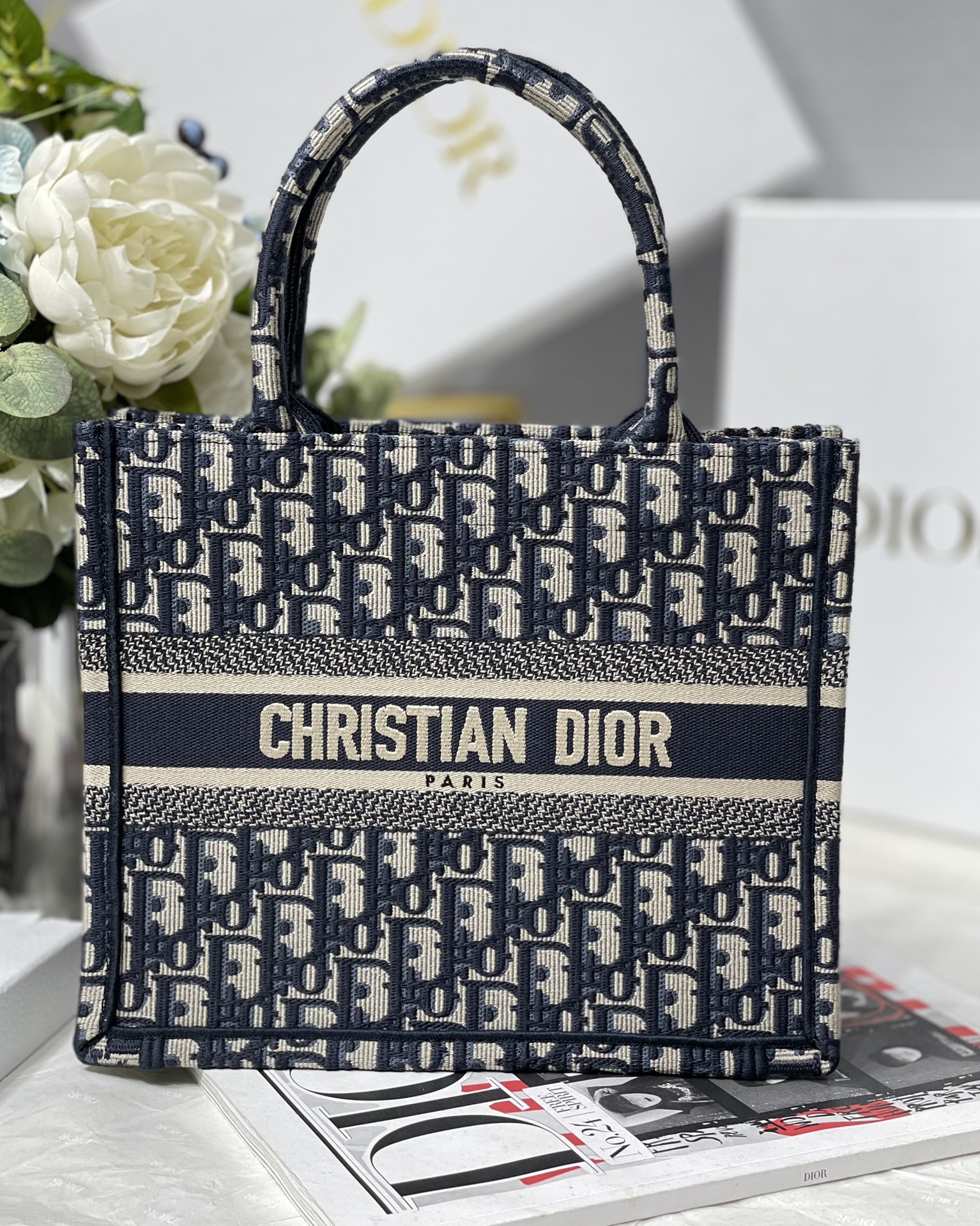 Small Dior Book Tote Bag Ecru and Blue Dior Oblique Embroidery